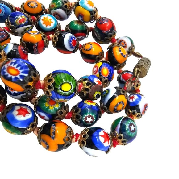 Vintage Venetian Murano Millefiori Glass Bead Necklace & Clip-On Earrings Set - Picture 13 of 16